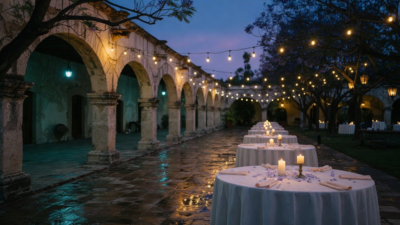 Jardín de eventos con arcos coloniales, mesas puestas y luces al anochecer
