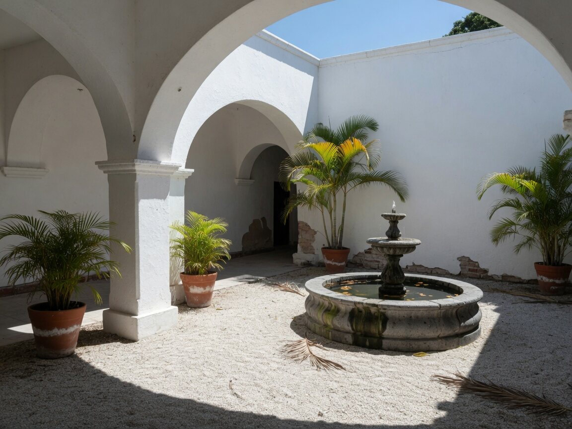Patio blanco con arcos y fuente