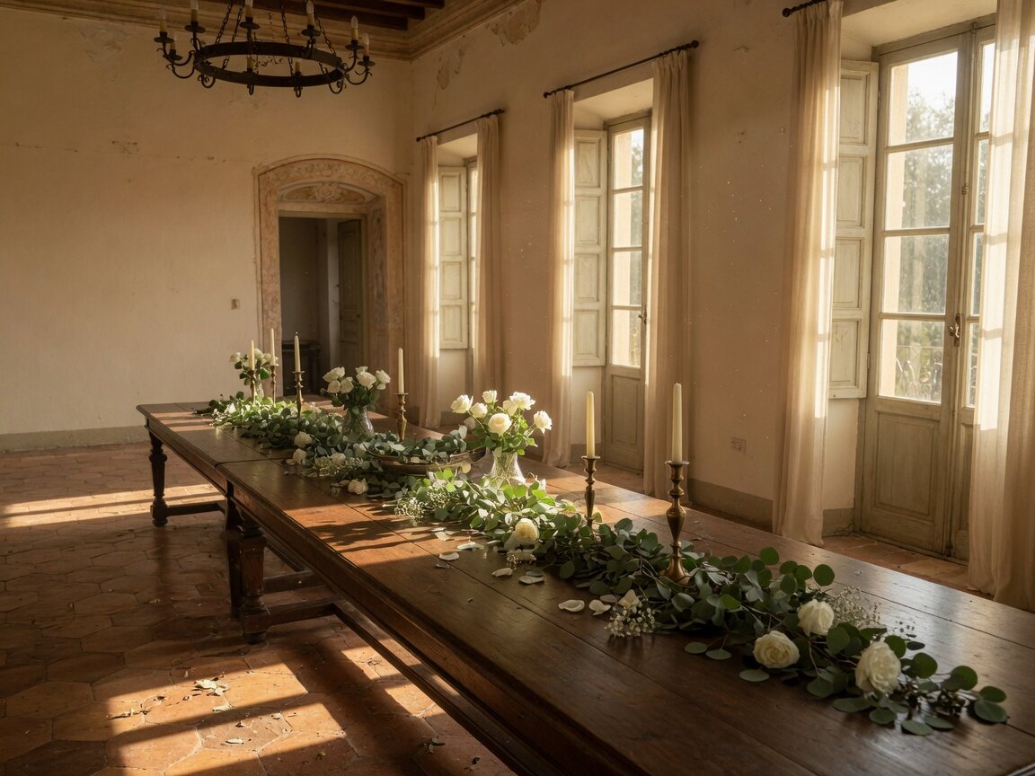 Salón hacienda con mesa larga y luz de tarde