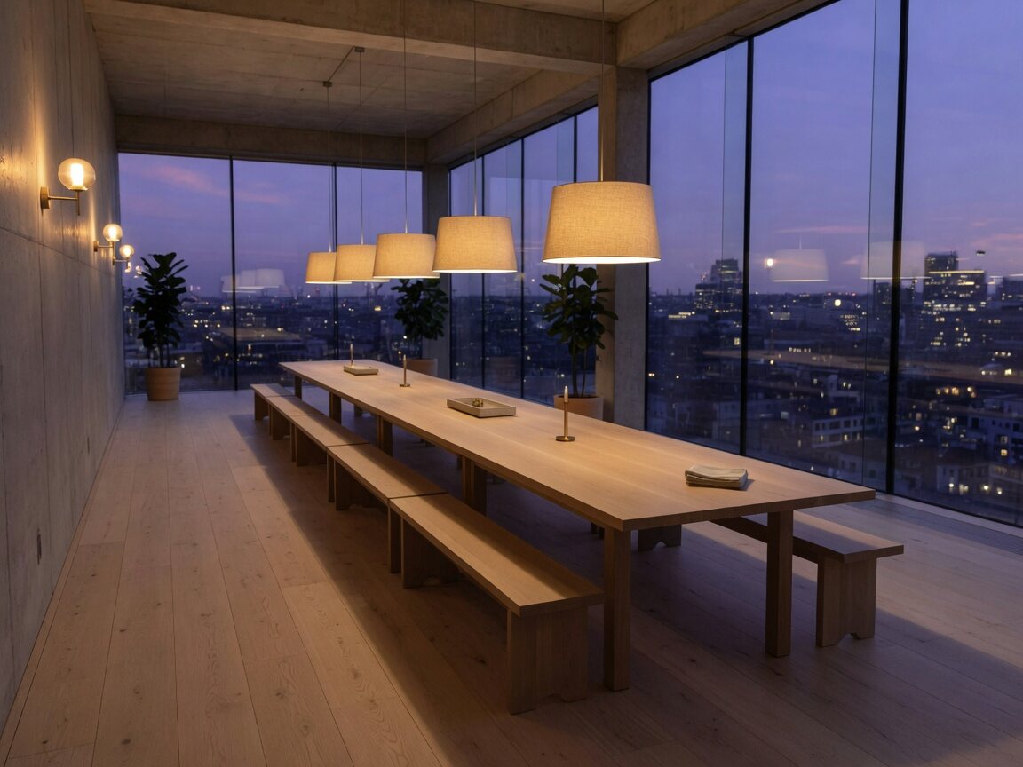 Salón contemporáneo con vista a la ciudad